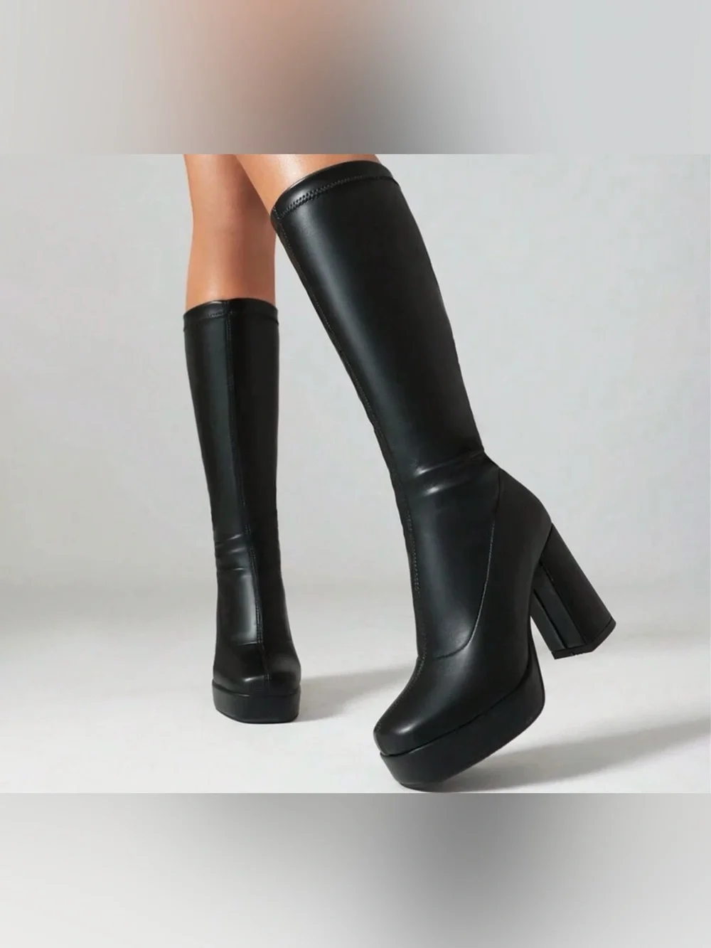 Women's Black Over-the-Knee Platform Block Heel Boots Size 42= US 9-9.5
